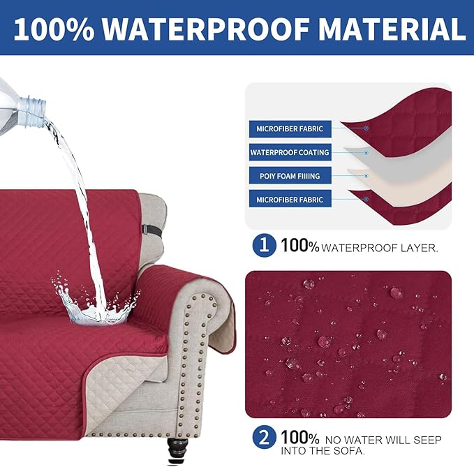 XINEAGE Oversized Sofa Cover Waterproof Couch Covers for 3 Cushion Couch, Soft Washable Slipcover with Pockets & Non-Slip Elastic Straps, Dog Pets Proof Thick Furniture Protector (XL-Sofa, Red)