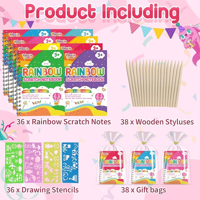 Party Favors for Kids: 36 Pack Rainbow Scratch Art Notebook Classroom School Supplies Bulk for Girls Boys Goodie Bags Stuffers, Return Gifts for Birthday Party Valentines Gift Kid Crafts