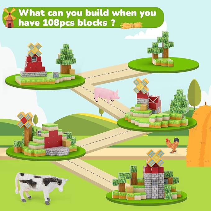 Magnetic Blocks 110PCS with 6 Animal Toys, Farm Building Blocks Set, Toys for Boys & Girls Age 4-6, 6-8, Stacking Building Toys for Toddlers Sensory Toy for Kids 3+