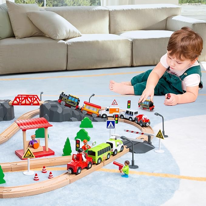 Battery Operated Locomotive Train Set for Wooden Train Tracks, Electric Train Toys for Toddlers Magnetic Connection, Powerful Engine Bullet Train Set Compatible with Thomas, Brio, Melissa and Doug 3Y+