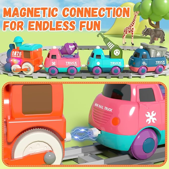 Train Set for Toddlers, Electric Train Toys with Light, Music and Animals, Toddler Magnetic Train Track Playset 3-5, Birthday Gifts for 3 4 5 Years Old Boys Girls