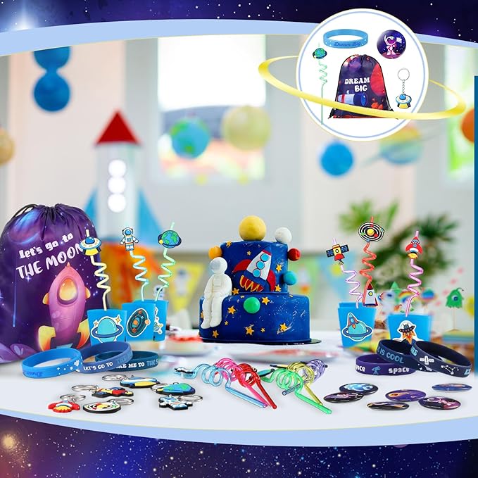 Sadnyy 140 Pcs Space Party Favors Outer Space Party Gift Bulk Galaxy Drawstring Backpack with Silicone Bracelet Straws Keychains Pin Badges Stickers for Christmas Space Party Theme Birthday Supplies
