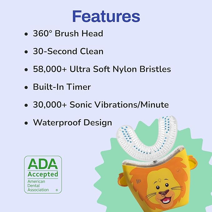 autobrush Kids U Shaped Electric Toothbrush, ADA Accepted, Sonic Pro with Unique 360° Nylon Bristles 3 Cleaning Modes,Whitening LED-Lights,Plays Music (Double-Sided),Ages 3-5, Lion