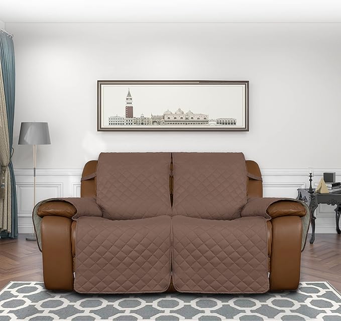 Easy-Going Recliner Sofa Cover, Reversible Couch Cover for Double Recliner, Split Sofa Cover for Each Seat, Furniture Protector with Elastic Straps for Kids, Dogs, Pets (2 Seater, Brown/Beige)