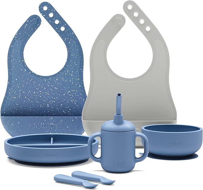Lalo First Bites Silicone Baby Feeding Set - Baby Led Weaning Supplies - Non-Toxic Silicone - Includes 2 Bibs, 2 Spoons, Training Cup, Suction Plate and Bowl - 6 Pieces - Blueberry