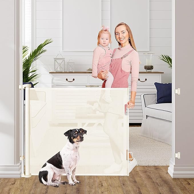 60 Inch Retractable Baby Gate Mesh Dog Gates for The House Pet Gates for Dogs Child Gates for Doorways Outdoor Gates for Decks Stair Gates for Kids or Pets Indoor Gate for Dogs Toddler Gate (Beige)