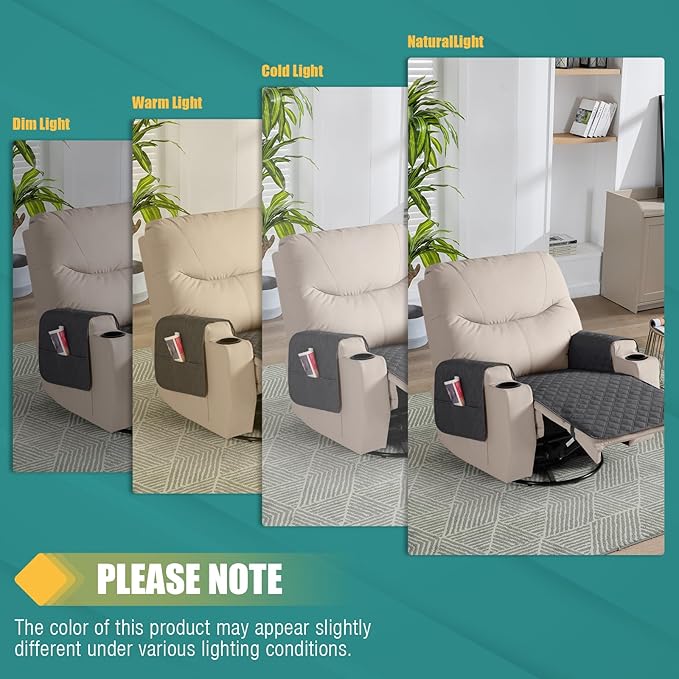 Ruaozz Waterproof Recliner Chair Covers Non Slip Chair Covers Recliner Seat Cover with Arms Washable Recliner Covers for Reclining Chair with Pockets (Charcoal Grey, Small-22'')