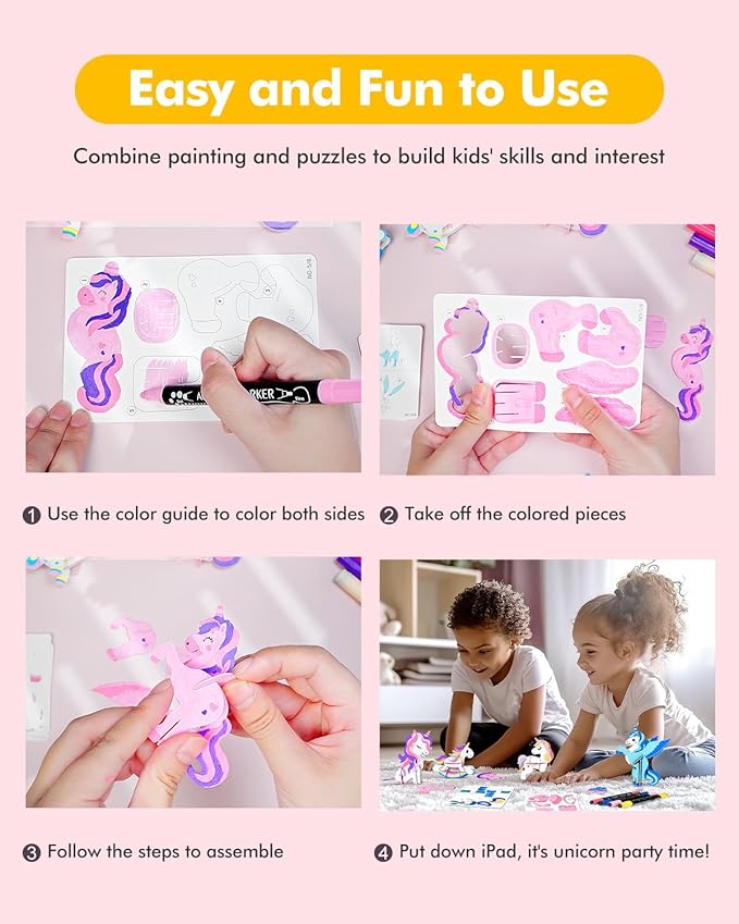 Paint with Unicorn Water Coloring Books for Kids,3D Puzzle & Watercolor Painting Kit,Mess Free Painting Activity,Arts and Crafts 8-12 Toy,Valentines Birthday Gifts for Girls Ages 4,5,6,7,8,9,10,11,12+