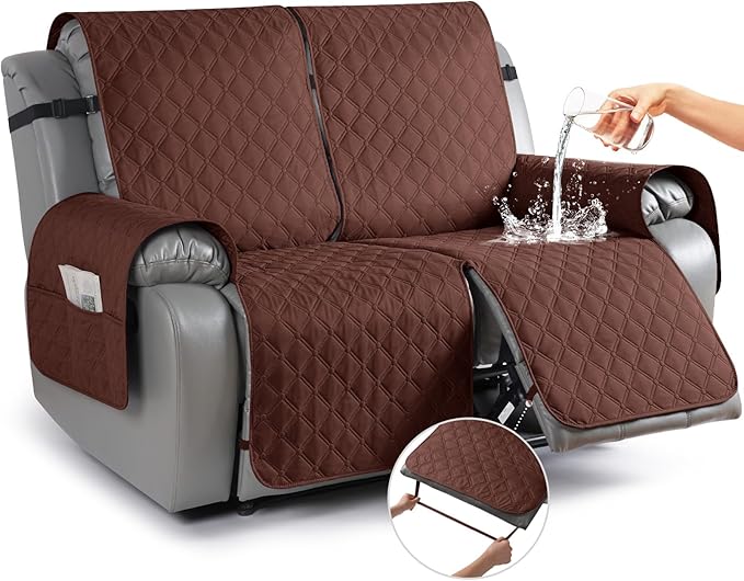 TAOCOCO 100% Waterproof Recliner Covers, Recliner Sofa Covers with Leg Straps, Reversible Recliner Couch Cover for Reclining Chair, Washable Couch Protector for Pets Kids(2 Seater, Coffee)
