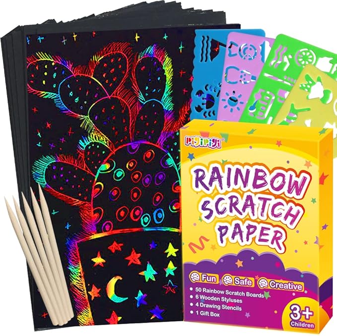 pigipigi Scratch Paper Art for Kids - 60 Pcs Magic Rainbow Scratch Paper Off Set Scratch Crafts Arts Supplies Kits Pads Sheets Boards for Party Games Halloween Christmas Birthday Gift