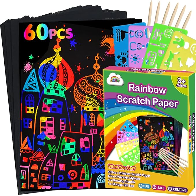 ZMLM Scratch Paper Art Set: 60Pcs Magic Drawing Art Craft Kid Easter Basket Stuffers Scratch Paper Supply Toddler Preschool Learning Toy for Age 3 4 5 6 7 8 Girl Boy Valentine's Day Birthday Gift