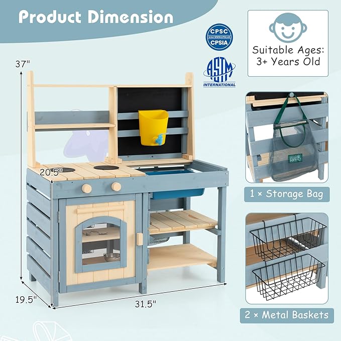 Costzon 2 in 1 Mud Kitchen, Fir Wood Outdoor Play Kitchen & Grocery Store w/Removable Sink, Water Box & Faucet, Stoves, Storage Bag, Metal Baskets, Double-Sided Kids Kitchen Playset for Boys Girls 3+