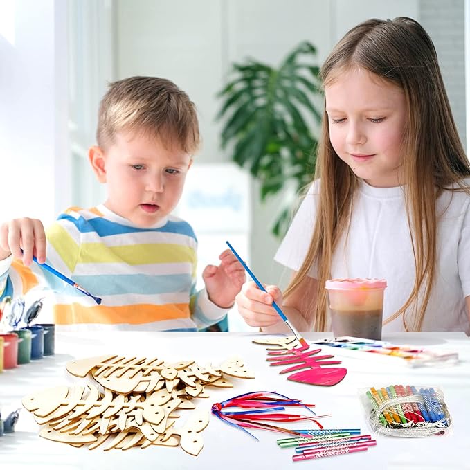 Fennoral 12 Pack Wind Chime Kit Spring Craft for Kids Wooden Arts and Crafts for Girls Boys Make Your Own Fish Wind Chime Ornaments DIY Coloring Fish Craft for Winter Birthday Party Supplies