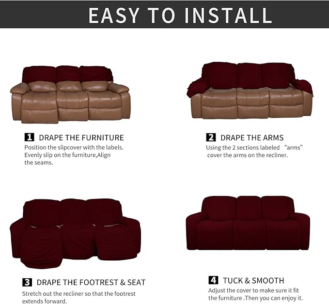 Easy-Going 8 Pieces Microfiber Stretch Sectional Recliner Sofa Slipcover Soft Fitted Fleece 3 Seats Couch Cover Washable Furniture Protector with Elasticity for Kids Pet(Recliner Sofa, Wine)
