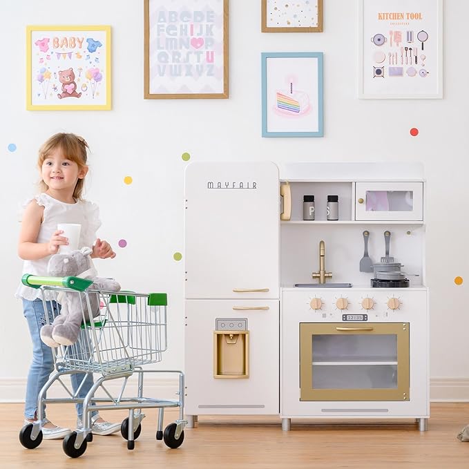 Teamson Kids - Children Play Kitchen Sets, Toddler Girls Pretend Kitchen Set Ages 2-6, Kitchen Toys for Kids Ages 4-8, Little Chef Mayfair Classic Kids Kitchen Playset with 11 Accessories - White/Gold