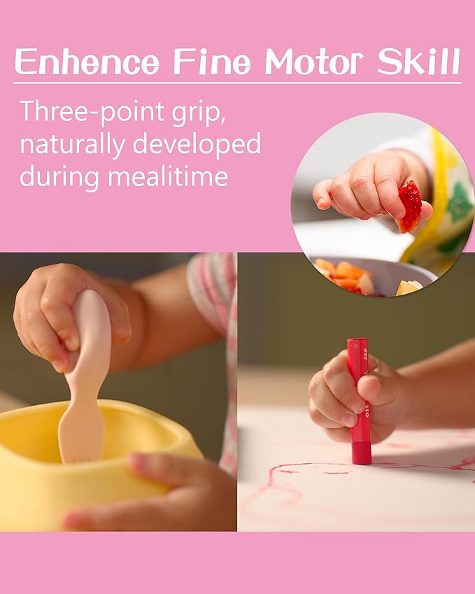 Toddler Utensils Set Ergonomic Fork and Spoon and Bowl Set Non-Slip Design for baby 12+ Month Self-Feeding Olds BPA Free Silicone Microwave and Dishwasher Safe Fine Motor Skills (Green)