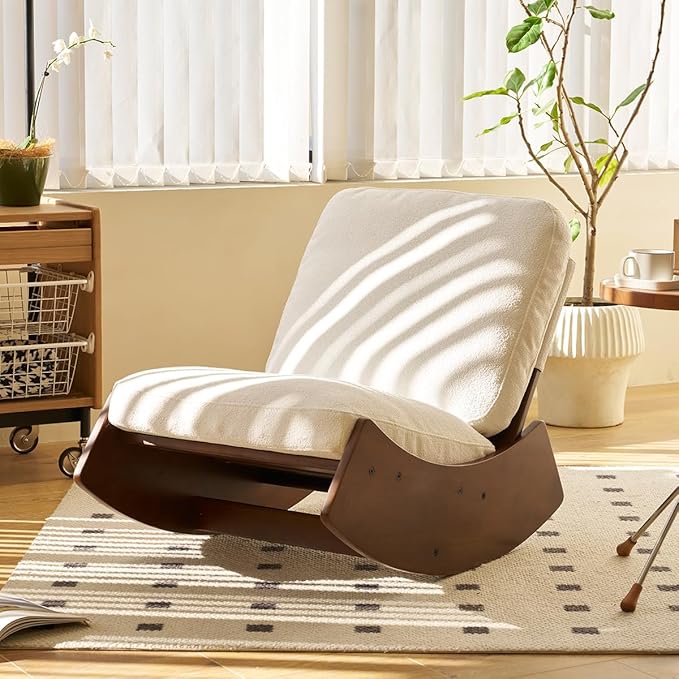 MFFM Comfortable Glider Rocking Chair, Upholstery Glider Chair, Solid Wood Frame, Perfect for Multiple Settings Accent Reading Chair for Bedroom,Living Room,Nursery (White)
