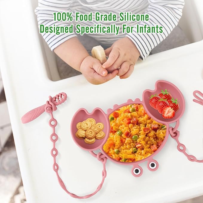 Silicone Baby Feeding Set, 8-Piece Baby Led Weaning Supplies Included Toddler Suction Plate, Bowl, Cup, 3 Spoons & 2 Safety Straps Keep Spoon, Fork & Bottle Off The Floor for Self-Feeding (Rose)