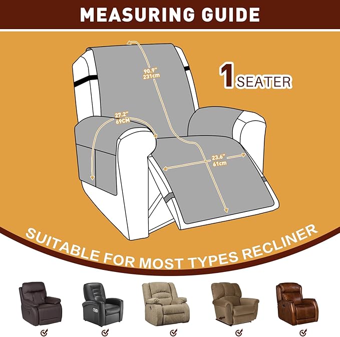 XINEAGE 100% Waterproof Recliner Chair Cover, Non Slip Covers for Recliner Chair with Pocket, Washable Dog Recliner Couch Cover with Elastic Straps (Wine Red, 23.6")