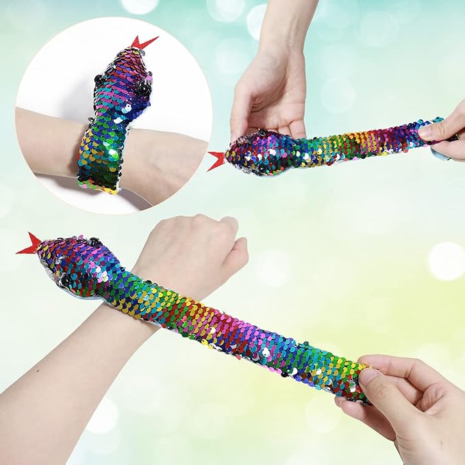 6 Pieces Slap Bracelet Snake Snap Bracelet Sequin Wristband for Kids Birthday Party Favors Supplies Halloween Stuff Gifts