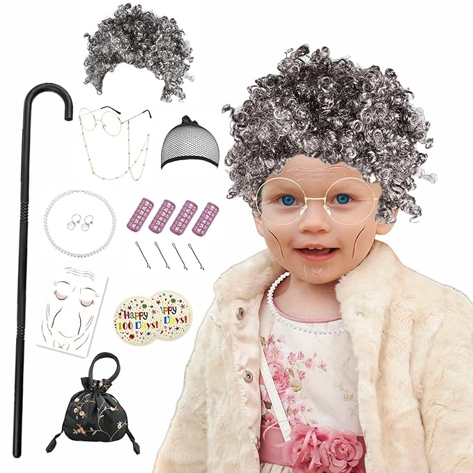 Old Lady Costume Wig for Girls, 100th Day Of School Kids Granny Wigs 20Pcs (Grey)