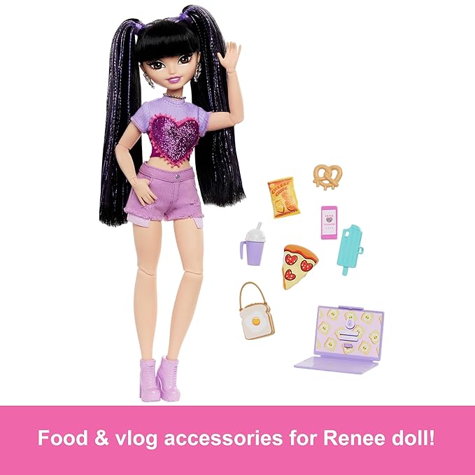 Barbie Dream Besties Doll & Accessories Playset, Renee with Long Black Hair, 11 Food & Video-Themed Pieces