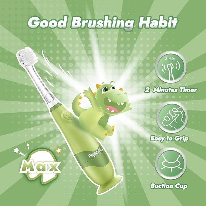 Papablic Toddler Sonic Electric Toothbrush for Ages 1-3 Years, Baby Electric Toothbrush with Cute Dino Cover and Smart LED Timer, 4 Brush Heads (Max)