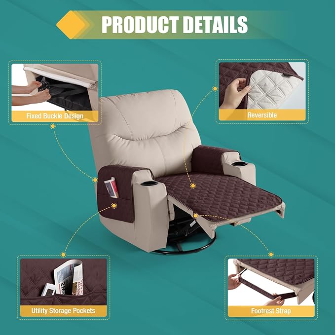 Ruaozz Waterproof Recliner Chair Covers Non Slip Chair Covers Recliner Seat Cover with Arms Washable Recliner Covers for Reclining Chair with Pocket, Covers for Recliner Chair (Coffee, Small-22'')