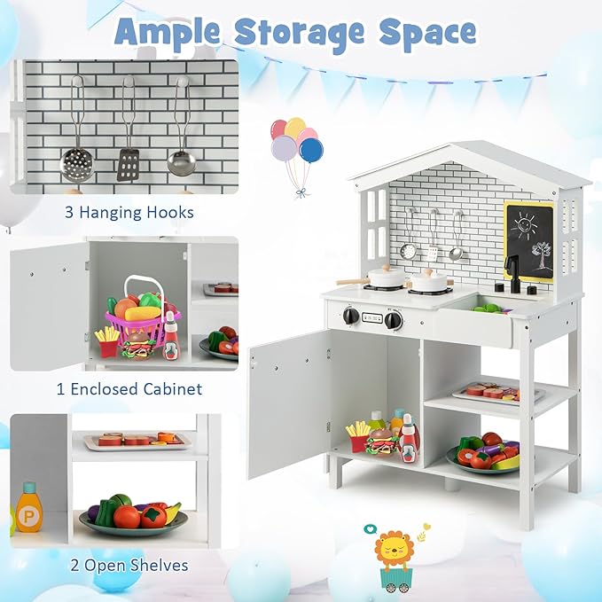 HONEY JOY Kids Kitchen Playset, Farmhouse Pretend Play Toddler Kitchen Set for Kids w/Chalkboard, Marble Backdrop, Window, Storage Shelf, Wooden Play Kitchen for Toddlers, Gift for Boys Girls, White