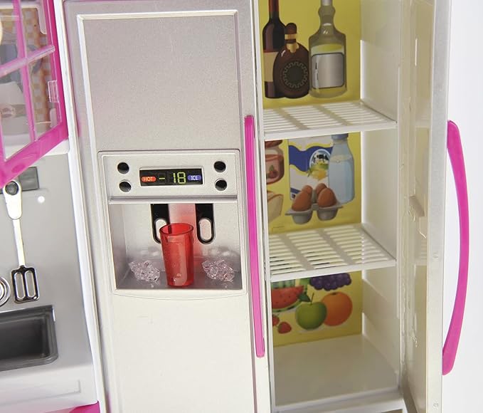 PowerTRC Doll Kitchen Play Set, Mini Modern Toy Kitchen Pretend Play Furnitures Toy Set Accessories Set with Realistic Light & Sound for Kids Toddlers Girls (4-in-1)