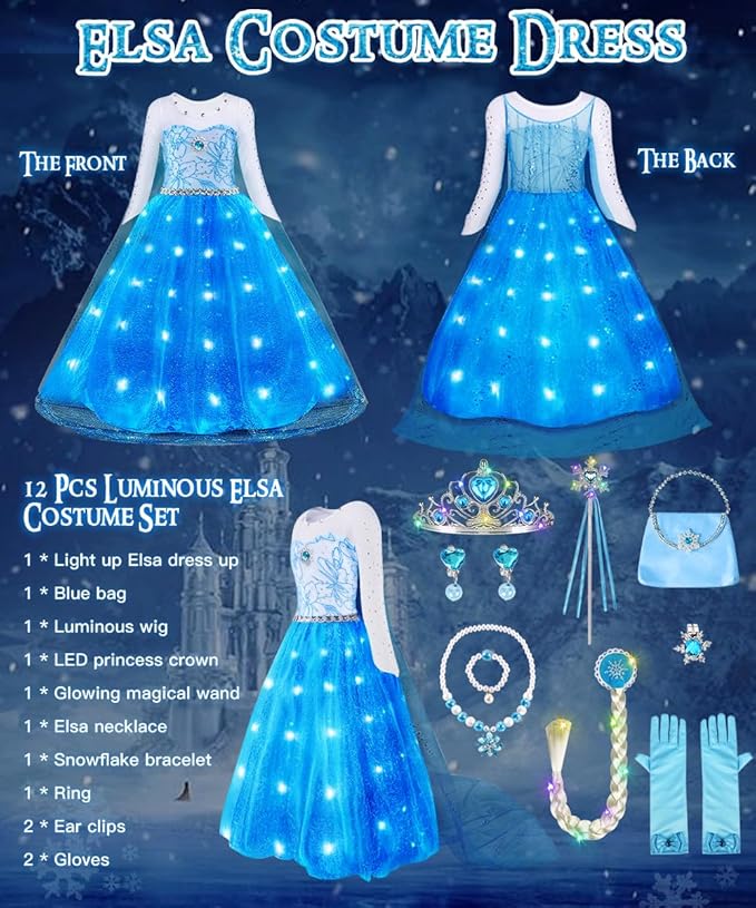 TOLOYE Princess Dresses for Girls, Light Up Elsa Anna Frozen Dress Up with Accessories for Birthday Halloween Carnival