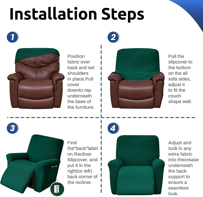 KEKUOU Recliner Chair Covers,Lazy Boy Recliner Covers Stretch Couch Cover Slipcovers 1 Piece Furniture Protector with Elastic Bottom for Dog,Kids.(Recliner, Dark Green)