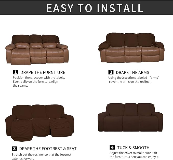 Easy-Going 8 Pieces Microfiber Stretch Sectional Recliner Sofa Slipcover Soft Fitted Fleece 3 Seats Couch Cover Washable Furniture Protector with Elasticity for Kids Pet(Recliner Sofa, Coffee)