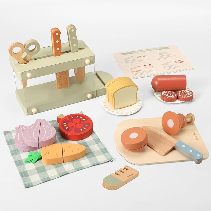 Play Knife Set, Play Kitchen Accessories, Wooden Pretend Play Food Set Toys for Kids Toddlers, Gifts for 2 3 4 Years Old Girls Boys