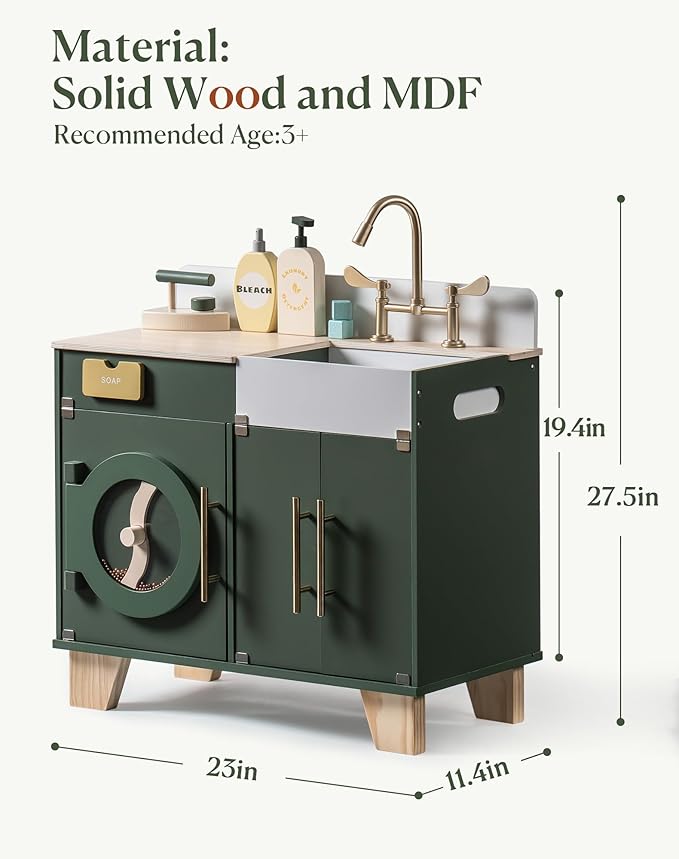 ROBOTIME Play Kitchen Set- Wooden Toy Washing Machine, Kids Washer and Dryer for Kids Kitchen Playset with Realist Sound/Iron, Pretend Play Kitchen for Toddlers (Vintage Green)