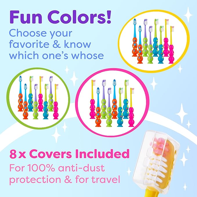 Trueocity Kids Toothbrush 8 Pack - Soft Contoured Bristles - Child Sized Brush Heads (3-10 Year Old) - Suction Cup for Fun & Easy Storage - Girl & Boy Set (8-Pack, Multi-Color)