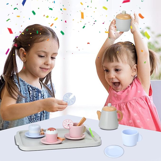 Two Color Design Toy Tea Party Set for Toddler Girls, Wooden Toy Tea Set, Toddler Play Food for 3-5-7 Years Girls and Boys…
