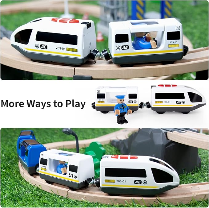 WOOD CITY Battery Operated Train for Wooden Train Track, Electric Locomotive Train Set with Powerful Engine Compatible with Thomas, Brio, Chuggington, Bullet Train Toys for Toddlers 3 4 5 Year Olds