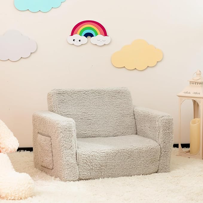 ALIMORDEN 2-in-1 Flip Out Cuddly Sherpa Toddler Couch, Convertible Sofa to Lounger, Light Grey
