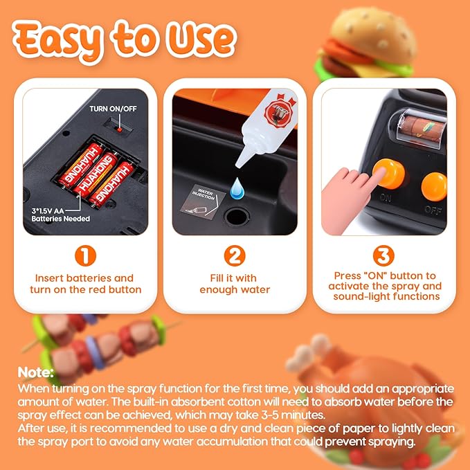 CUTE STONE Cooking Toy BBQ Set, 2 Layers Kids Grill Playset with Play Food, Pretend Smoke Sound and Light, Kitchen Accessories Utensils Toy, Outdoor Camping Barbecue Toys Gift for Toddlers Girls Boys