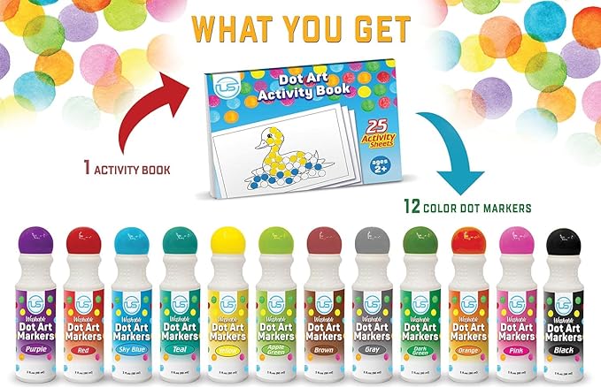 Dot Markers for Toddlers Activities and Kids 12 Colors Washable Bingo Daubers, Dot Art, Toddler Art and Crafts, Bingo Markers and Includes a Free Dotting Markers Activity Book
