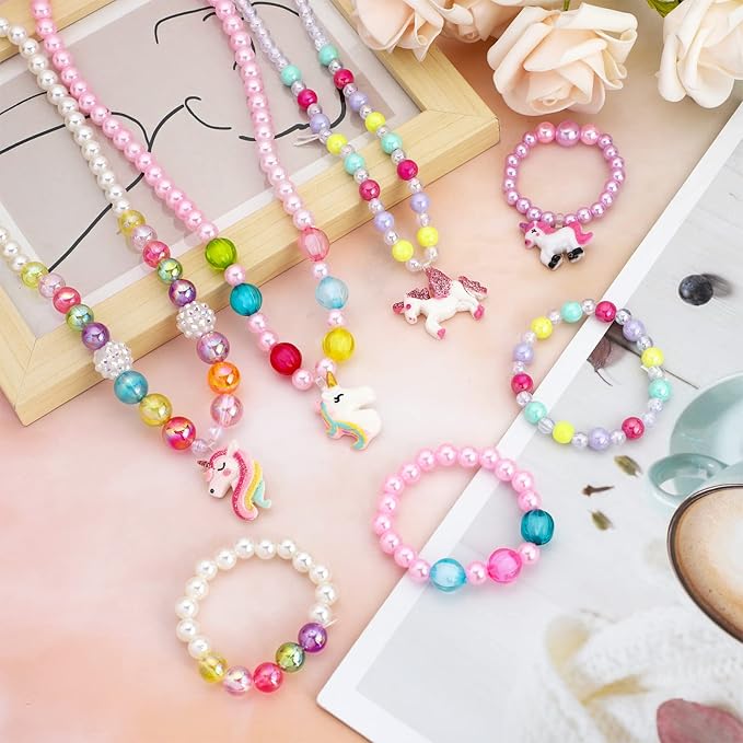 SOTOGO 6 Sets Girl Princess Necklace Bracelet with Colorful Pendants Kids Beaded Necklace Bracelet Stretchy Chunky Costume Jewelry Present Toy