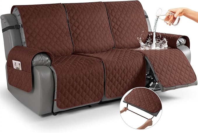 TAOCOCO 100% Waterproof Recliner Covers, Recliner Sofa Covers with Leg Straps, Reversible Recliner Couch Cover for Reclining Chair, Washable Couch Protector for Pets Kids(3 Seater, Coffee)