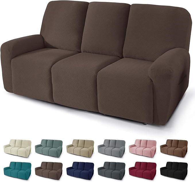 JIVINER 5 Pieces Recliner Sofa Covers Stretch Recliner Sofa Slipcover with Elastic Bottom Jacquard Fitted Reclining 3 Cushion Couch Cover Furniture Protector with Pockets (3 Seater, Coffee)