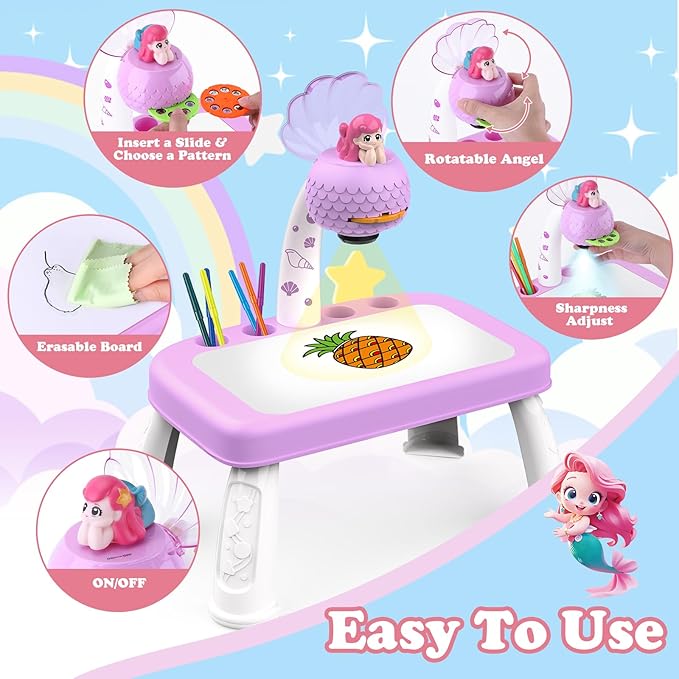 Drawing Projector for Kids,Arts and Crafts for Kids,Include Drawing Board,Crayons,Coloring Book,Stickers etc,Kids Toys for Age 3-5 Year Old Girls Christmas & Birthday Gifts (Mermaid Drawing Kit)