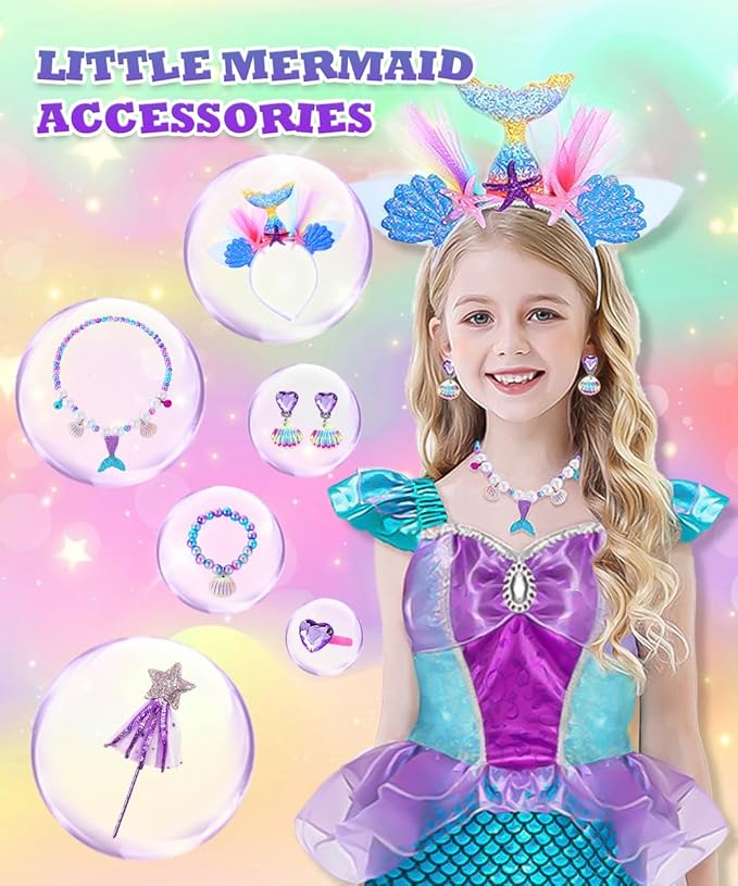 Mermaid Costume Dress, Mermaid Princess Dress for Girls with Wig Headband Necklace for Birthday Party Cosplay
