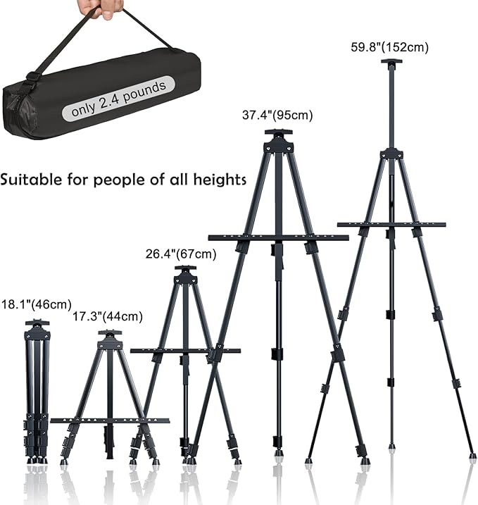 Portable Artist Easel Stand, Art Drawing Easels for Painting Canvas Wedding Signs & Display，Adjustable Height Painting Easel with Bag, Height from 17" to 60",Black