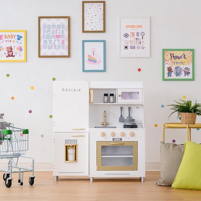 Teamson Kids - Children Play Kitchen Sets, Toddler Girls Pretend Kitchen Set Ages 2-6, Kitchen Toys for Kids Ages 4-8, Little Chef Mayfair Classic Kids Kitchen Playset with 11 Accessories - White/Gold
