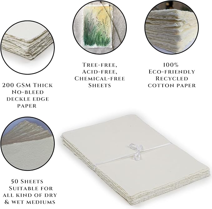 LEATHER VILLAGE Watercolor Paper - 7 X 5 inches, 50 Sheets - Mixed Media Watercolor Paper - 150 GSM Thick Deckle Edge Virgin Cotton Handmade Paper - Off White