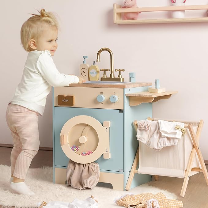 ROBOTIME Toy Kitchen Washer Playset, Wooden Toy Washing Machine for Kids with Clothes Basket, Iron and Sink, Pretend Toddlers Kitchen Toy with Accessories for Ages 3+